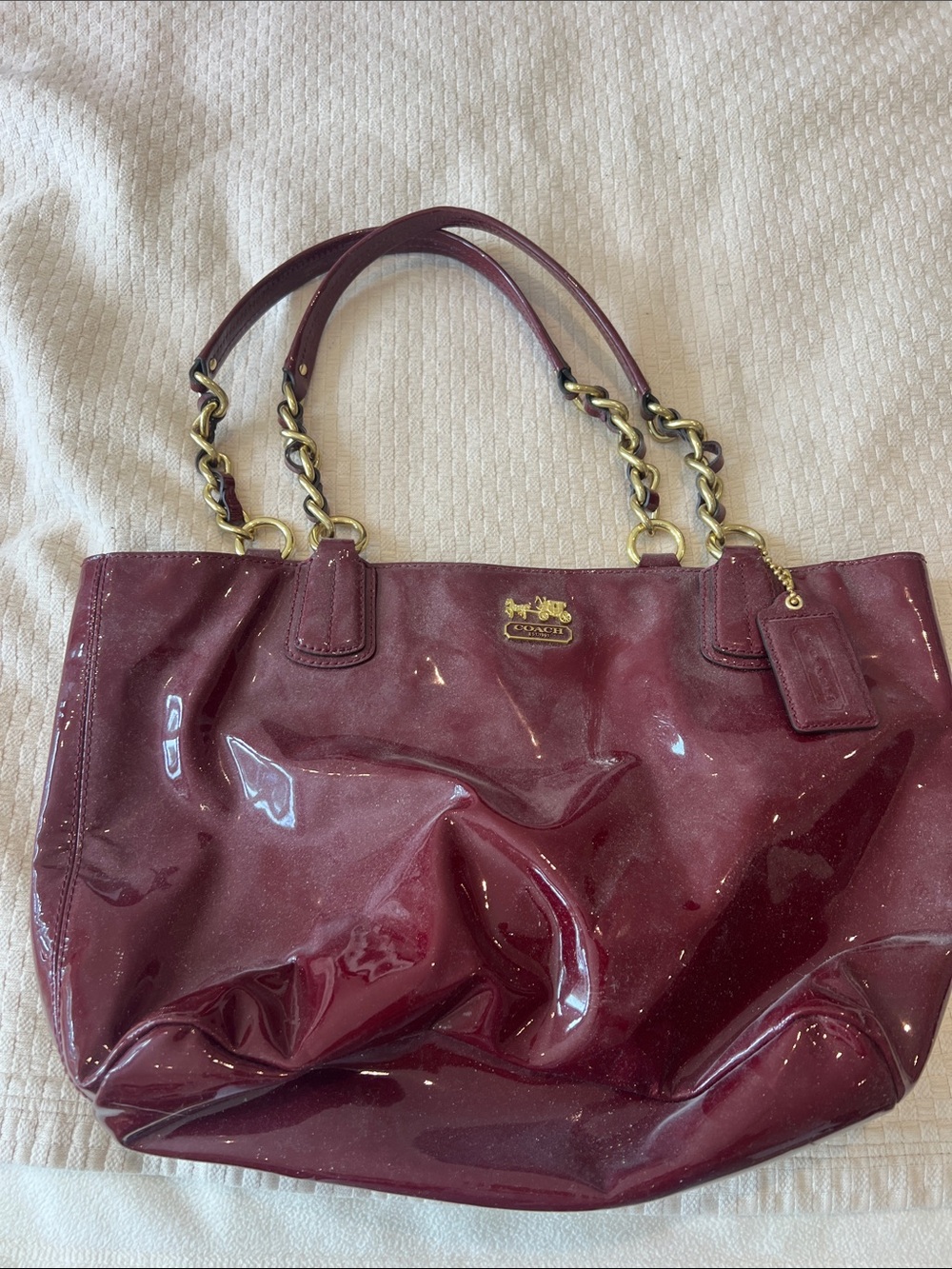 Coach Patent Leather Shoulder Tote in Deep Wine